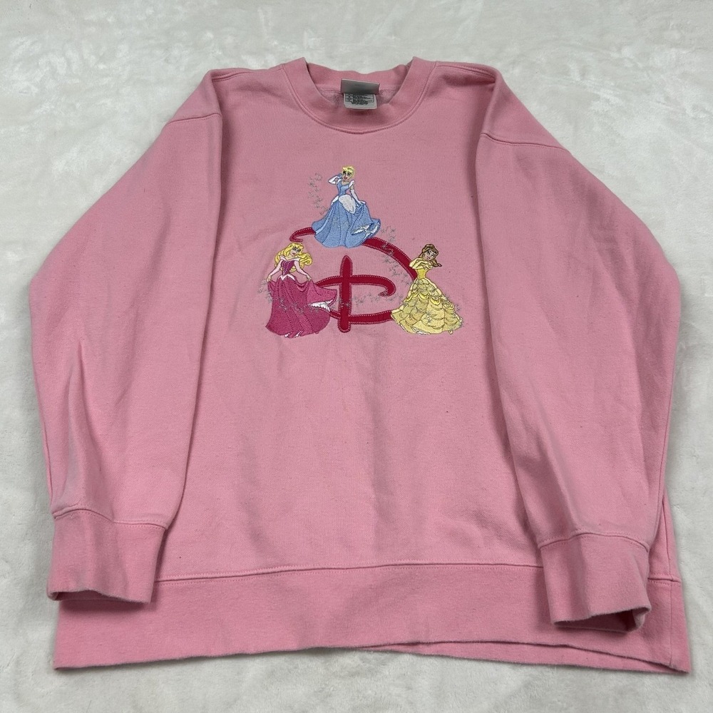 90s Disney Store Sweatshirt Girls L Pink Princesses Embroidered TDSB1112
